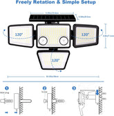 Solar light fixture with measurement details and installation instructions on a white background